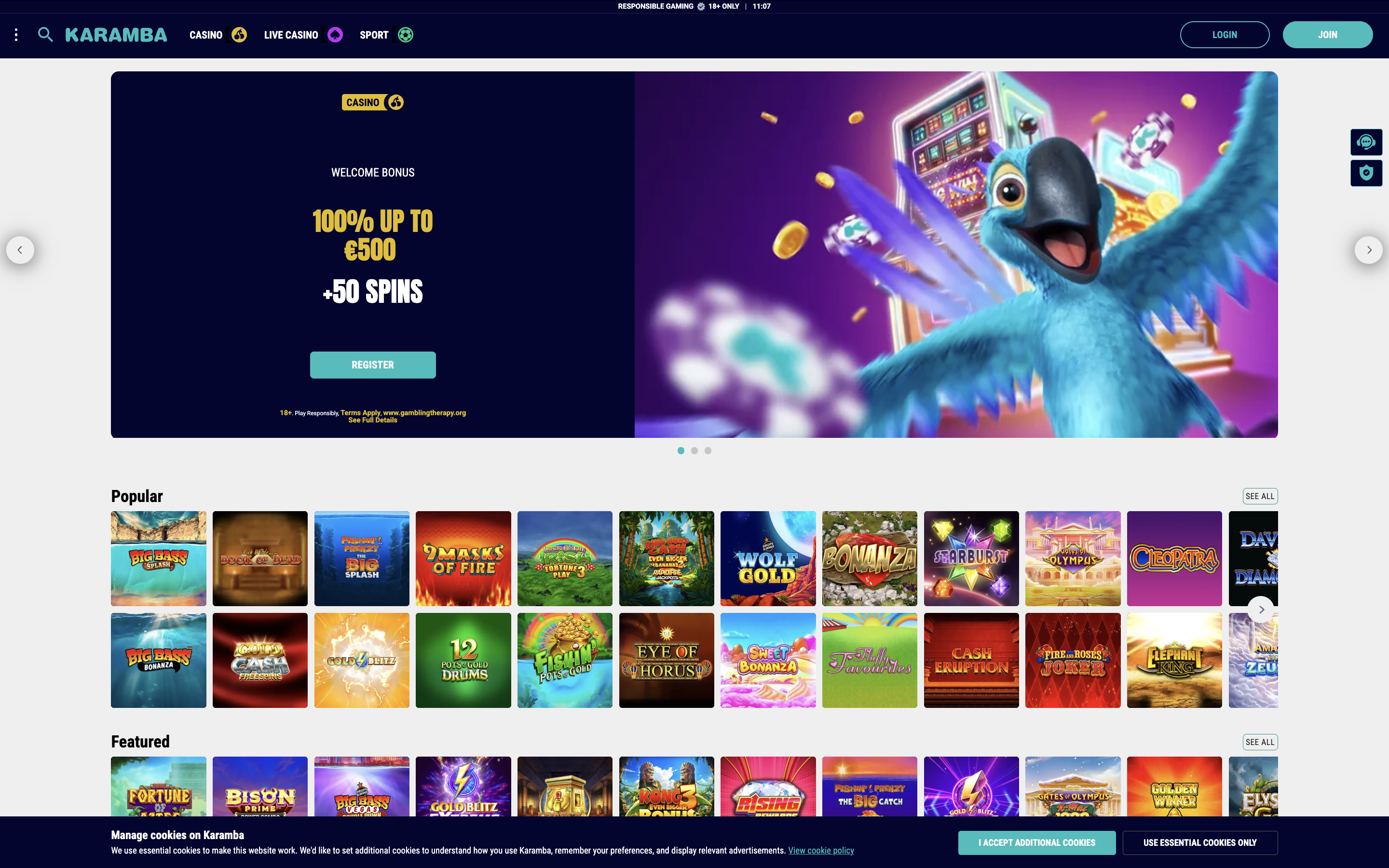Karamba Casino Interface and User Experience Banner