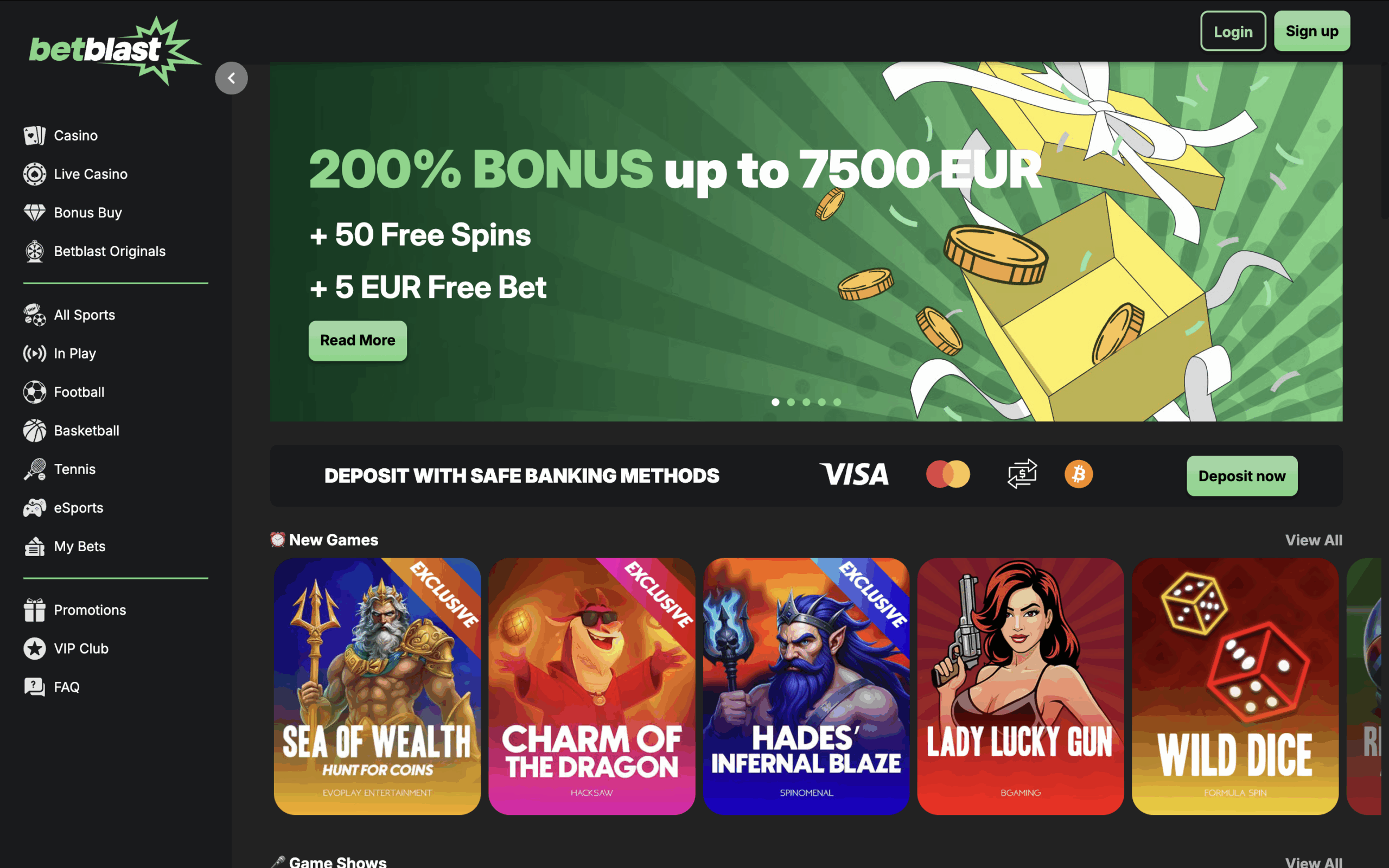 Betblast Casino Interface and User Experience Banner